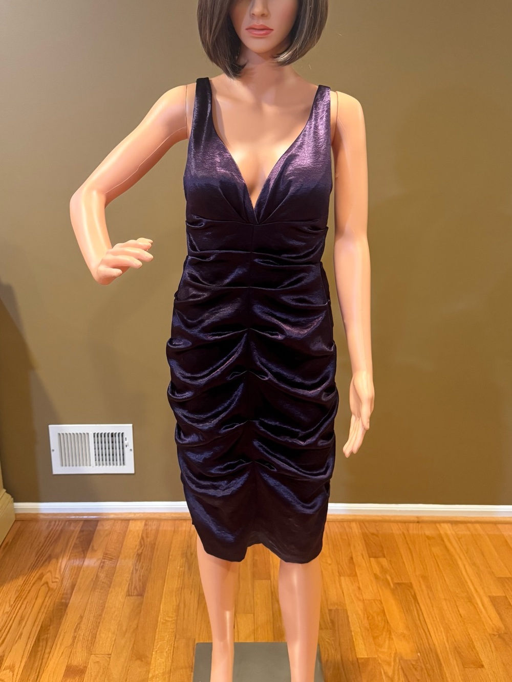 Xscape Deep Plum Satin Ruched V-Neck Midi Dress